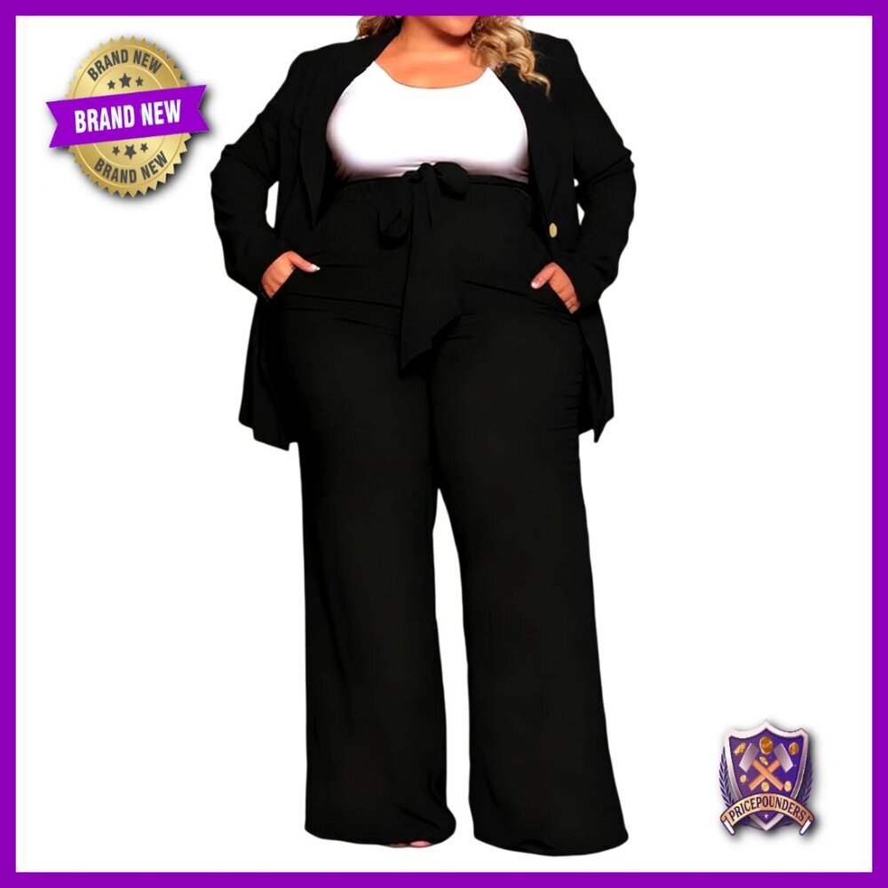 Plus Size Business Suit Set Long Sleeve Blazer Elastic Waist Wide Leg Pants
